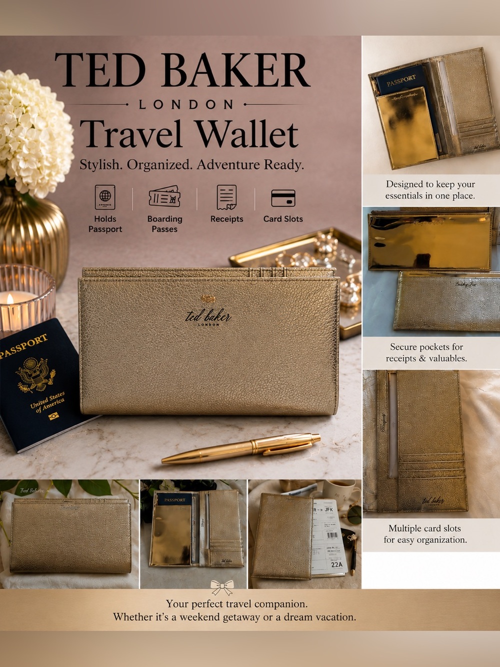 Ted Baker Metallic Gold Travel Wallet for Women
